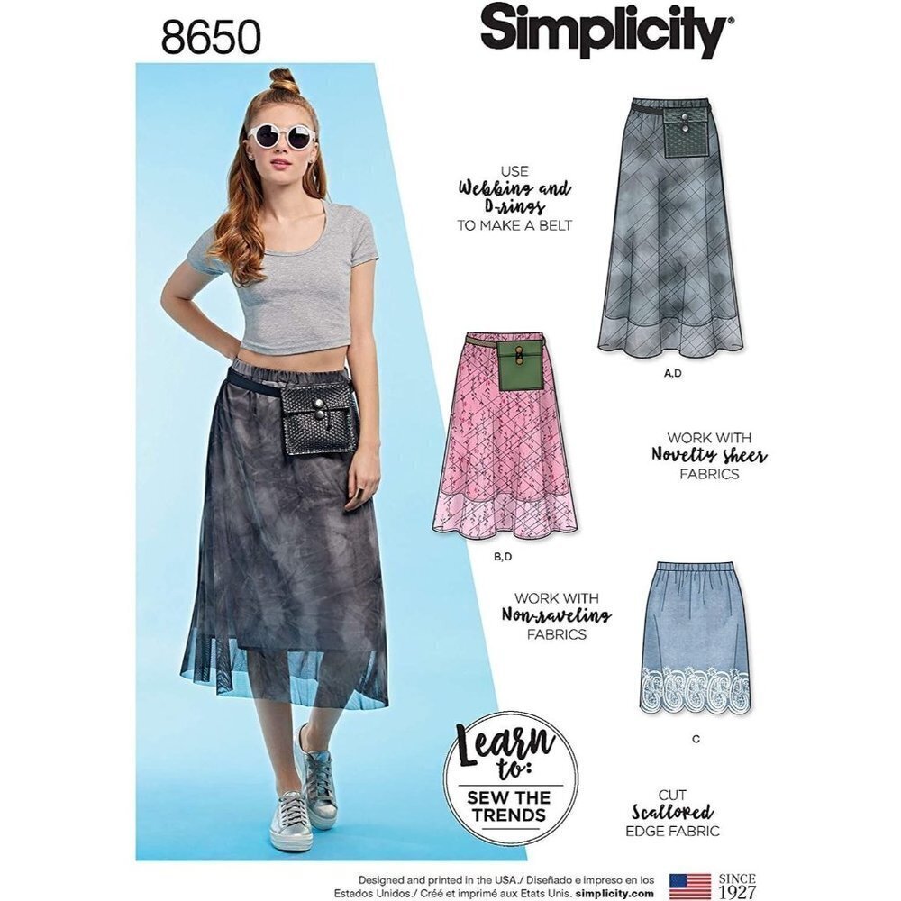 Simplicity Sewing Pattern 8650 Misses Pull-On Skirt Belt Bag Size 6-18